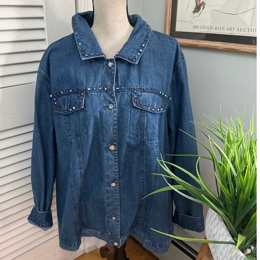 Quacker Factory Jacket Womens 2X Blue Rhinestone Beaded Trim Retro 90s